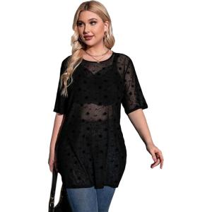 image:imageFloerns Womens Plus Size Short Sleeve Sheer Mesh Tops T Shirt BlouseBlack Star