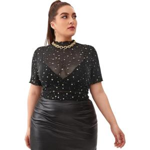 image:imageFloerns Womens Plus Size Short Sleeve Sheer Mesh Tops T Shirt BlouseGalaxy Black