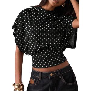image:imageFloerns Womens Polka Dots Crew Neck T Shirt Cinched Waist Loose Dolman Sleeve Night Out TopsBlack