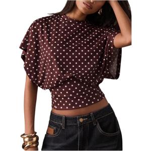 image:imageFloerns Womens Polka Dots Crew Neck T Shirt Cinched Waist Loose Dolman Sleeve Night Out TopsCoffee Brown