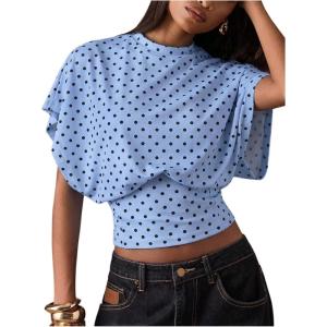 image:imageFloerns Womens Polka Dots Crew Neck T Shirt Cinched Waist Loose Dolman Sleeve Night Out TopsIcy Blue