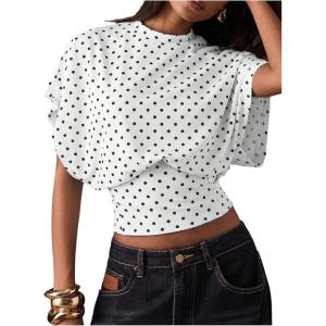 image:imageFloerns Womens Polka Dots Crew Neck T Shirt Cinched Waist Loose Dolman Sleeve Night Out TopsWhite