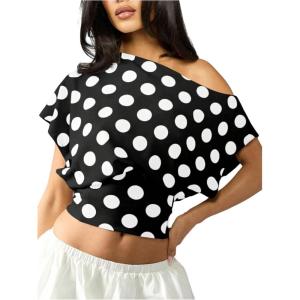 image:imageFloerns Womens Polka Dots Off Shoulder Crop Top Short Dolman Sleeveless Elegant BlousesBlack