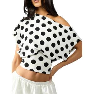 image:imageFloerns Womens Polka Dots Off Shoulder Crop Top Short Dolman Sleeveless Elegant BlousesBlack and White