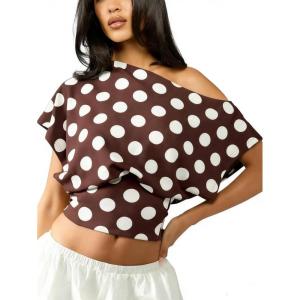 image:imageFloerns Womens Polka Dots Off Shoulder Crop Top Short Dolman Sleeveless Elegant BlousesBrown