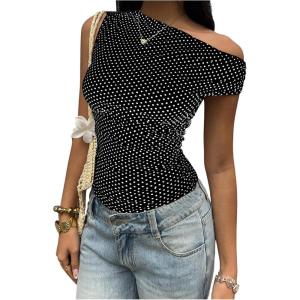 image:imageFloerns Womens Polka Dots Off The Shoulder T Shirt Short Sleeve Ruched Tee Going Out TopsBlack