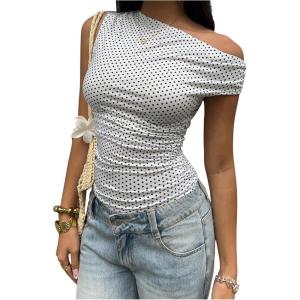 image:imageFloerns Womens Polka Dots Off The Shoulder T Shirt Short Sleeve Ruched Tee Going Out TopsBlack and White