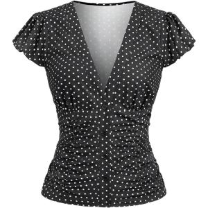 image:imageFloerns Womens Polka Dots Puff Sleeve Blouse Top V Neck Retro Button Down ShirtsBlack
