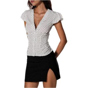 image:imageFloerns Womens Polka Dots Puff Sleeve Blouse Top V Neck Retro Button Down ShirtsBlack and White