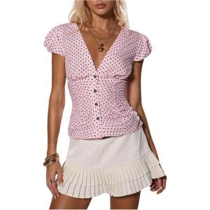 image:imageFloerns Womens Polka Dots Puff Sleeve Blouse Top V Neck Retro Button Down ShirtsPink