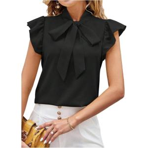 image:imageFloerns Womens Polka Dots Tie Neck Blouse Ruffle Cap Sleeve Business Casual ShirtsBlack