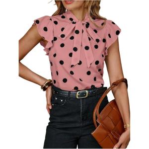 image:imageFloerns Womens Polka Dots Tie Neck Blouse Ruffle Cap Sleeve Business Casual ShirtsPink