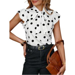image:imageFloerns Womens Polka Dots Tie Neck Blouse Ruffle Cap Sleeve Business Casual ShirtsWhite