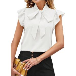 image:imageFloerns Womens Polka Dots Tie Neck Blouse Ruffle Cap Sleeve Business Casual ShirtsWhite Solid