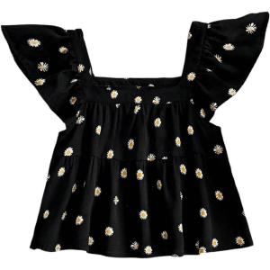 image:imageFloerns Womens Printed Square Neck Crop Tops Cap Sleeve Ruffle Hem Summer BlouseBlack