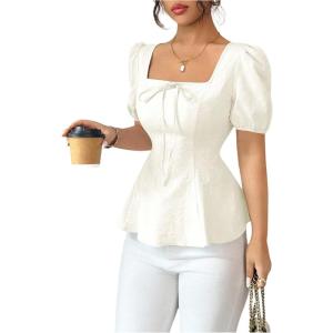 image:imageFloerns Womens Puff Sleeve Jacquard Blouse Tops Square Neck Bow Tie Smocked Cute Going Out Peplum TopsApricot
