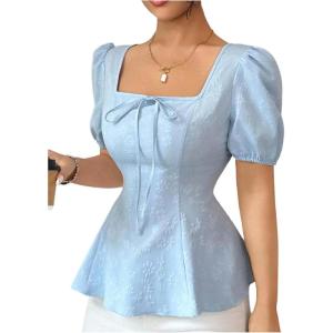 image:imageFloerns Womens Puff Sleeve Jacquard Blouse Tops Square Neck Bow Tie Smocked Cute Going Out Peplum TopsLight Blue