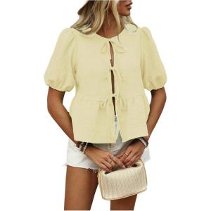 image:imageFloerns Womens Puff Sleeve Tie Front Peplum Top Crewneck Ruffle Hem Blouse Shirt TopApricot