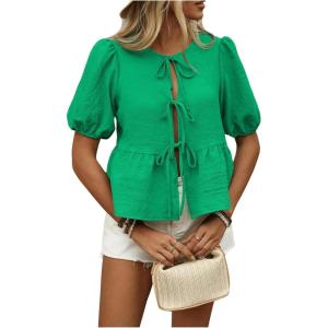 image:imageFloerns Womens Puff Sleeve Tie Front Peplum Top Crewneck Ruffle Hem Blouse Shirt TopGreen