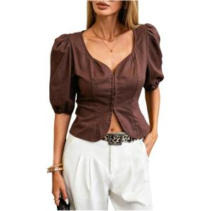 image:imageFloerns Womens Retro Vintage Puff Sleeve Sweetheart Neck Crop Tops Dressy Casual BlouseBrown