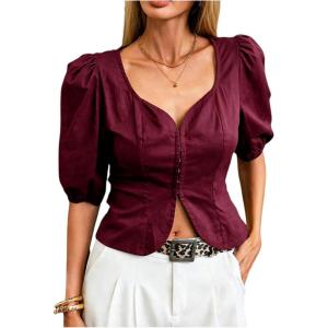 image:imageFloerns Womens Retro Vintage Puff Sleeve Sweetheart Neck Crop Tops Dressy Casual BlouseBurgundy