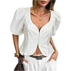 image:imageFloerns Womens Retro Vintage Puff Sleeve Sweetheart Neck Crop Tops Dressy Casual BlouseWhite