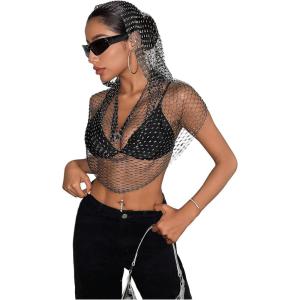 image:imageFloerns Womens Rhinestone Fishnet Mesh Hoodie Sheer Sleeveless Club Crop TopsBlack