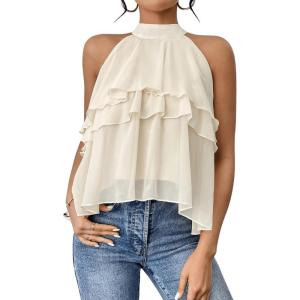 image:imageFloerns Womens Ruffle Hem Layered Blouse Top Halter Sleeveless Elegant ShirtsBeige