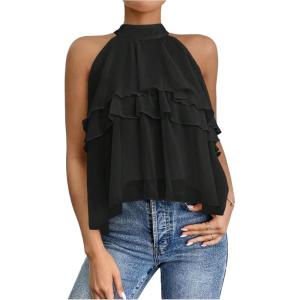 image:imageFloerns Womens Ruffle Hem Layered Blouse Top Halter Sleeveless Elegant ShirtsBlack