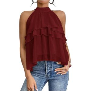 image:imageFloerns Womens Ruffle Hem Layered Blouse Top Halter Sleeveless Elegant ShirtsBurgundy