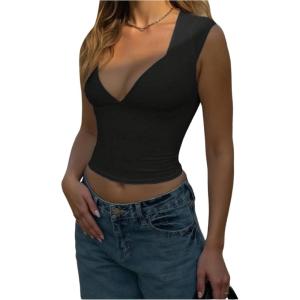 image:imageFloerns Womens Sexy Y2k Deep V Neck T Shirts Cap Sleeve Streetwear Going Out Crop TopsBlack