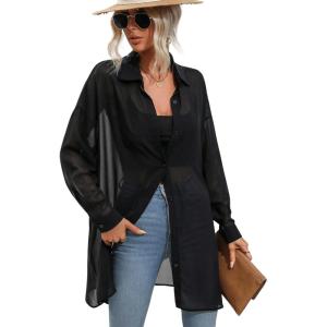 image:imageFloerns Womens Sheer Drop Shoulder Blouse Long Sleeve Collar Button Loose Shirts TopsA Black