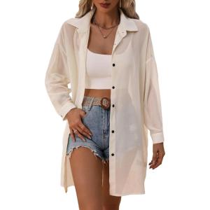 image:imageFloerns Womens Sheer Drop Shoulder Blouse Long Sleeve Collar Button Loose Shirts TopsApricot