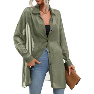 image:imageFloerns Womens Sheer Drop Shoulder Blouse Long Sleeve Collar Button Loose Shirts TopsArmy Green