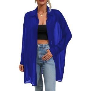 image:imageFloerns Womens Sheer Drop Shoulder Blouse Long Sleeve Collar Button Loose Shirts TopsBlue