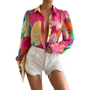 image:imageFloerns Womens Sheer Drop Shoulder Blouse Long Sleeve Collar Button Loose Shirts TopsPink Floral