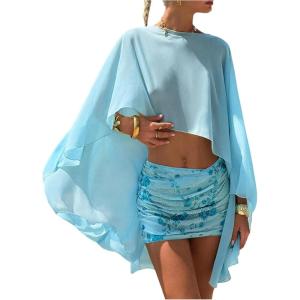 image:imageFloerns Womens Sheer Mesh Shawl Wraps High Low Ruffle Hem Beach Cover Up Poncho TopsBlue