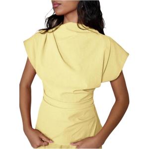 image:imageFloerns Womens Short Dolman Cap Sleeve Ruched Mock Neck Zipper Back Dressy Casual Tee ShirtsYellow