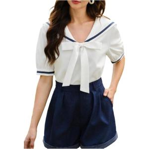 image:imageFloerns Womens Short Sleeve Bowknot Sailor Collar Shirt Summer Dressy Casual Blouse TopsWhite