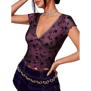 image:imageFloerns Womens Short Sleeve Lace Lettuce Trim Crop Top 90s Tee ShirtPurple