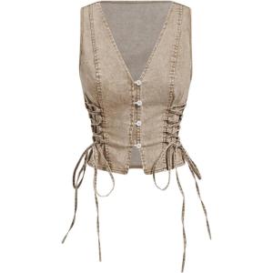 image:imageFloerns Womens Sleeveless V Neck Button Crop Vest Lace Up Front Vintage Denim VestKhaki