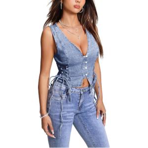 image:imageFloerns Womens Sleeveless V Neck Button Crop Vest Lace Up Front Vintage Denim VestLight Wash