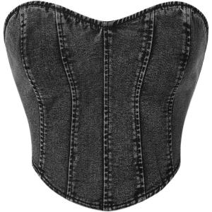 image:imageFloerns Womens Solid Strapless Bandeau Asymmetrical Hem Denim Crop Tube TopDark Grey
