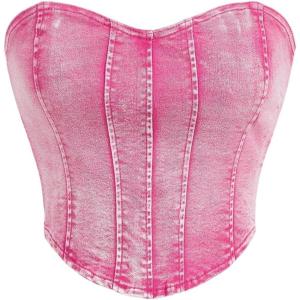 image:imageFloerns Womens Solid Strapless Bandeau Asymmetrical Hem Denim Crop Tube TopPink