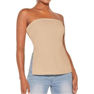 image:imageFloerns Womens Solid Strapless Bandeau Split Hem Casual Tube TopKhaki