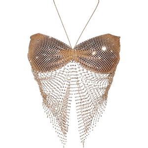 image:imageFloerns Womens Sparkly Rhinestone Fishnet Halter Top Y2K Tie Backless Asymmetrical Party Cami TopsChampagne