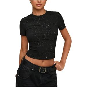 image:imageFloerns Womens Sparkly Sequin T Shirts Y2k Short Sleeve Crew Neck Going Out TopsBlack