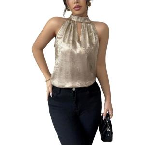 image:imageFloerns Womens Sparkly Sleeveless Halter Tops Keyhole Party Date Night Blouse TopGold