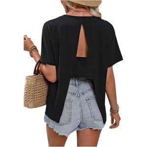 image:imageFloerns Womens Split Open Back Crew Neck T Shirt Cut Out Short Sleeve Tee TopsBlack