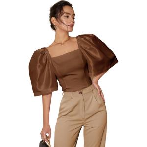 image:imageFloerns Womens Square Neck Puff Short Sleeve Elegant Blouse Crop TopCoffee Brown